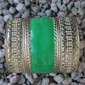 Vintage-Inspired Green Enamel & Gold Statement Cuff Bracelet