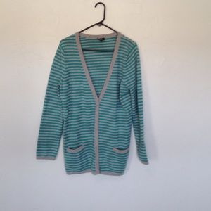 Talbots Cashmere teal gray striped cardigan euc