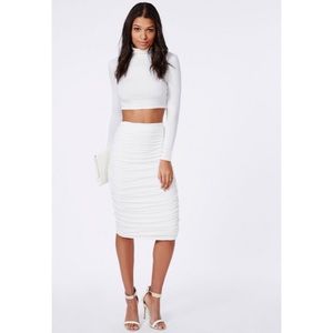High Waisted Ruched White Midi Skirt