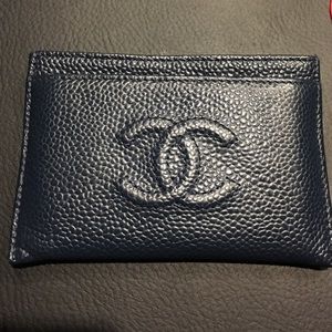 Auth Chanel caviar card holder dark blue