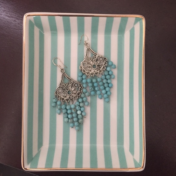 Southwestern Silver and Natural Turquoise Stone Fringe Earrings - Picture 2 of 4