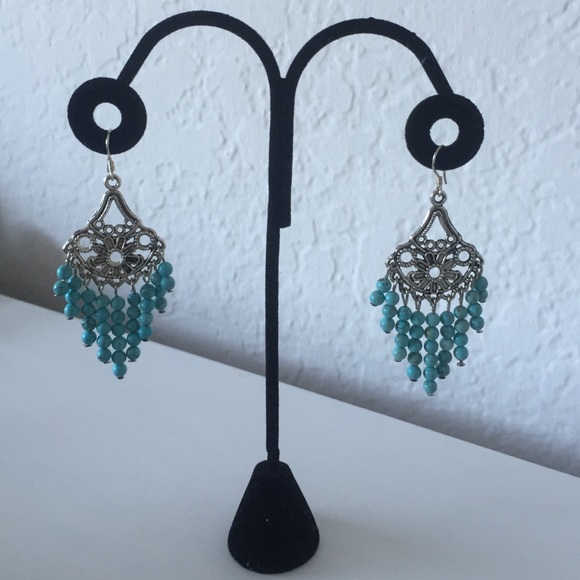 Southwestern Silver and Natural Turquoise Stone Fringe Earrings - Picture 3 of 4