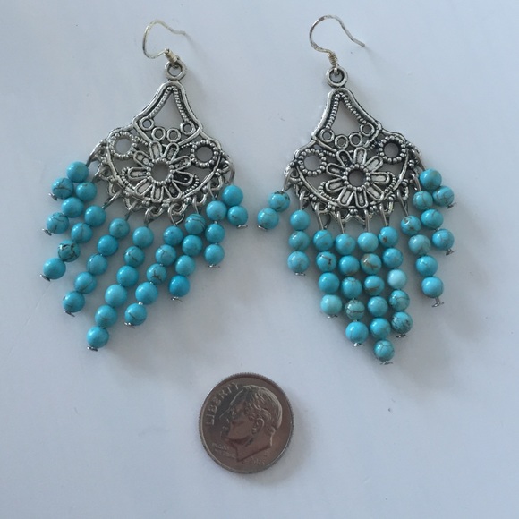 Southwestern Silver and Natural Turquoise Stone Fringe Earrings - Picture 4 of 4