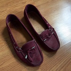 Wine and silver moccasin shoes