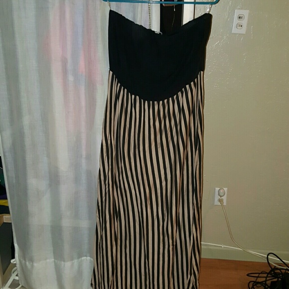 Black and brown striped strapless maxi