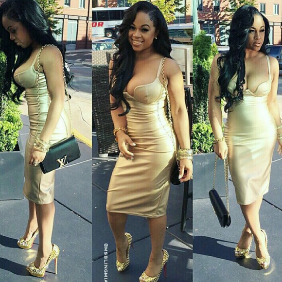 >SOLD> Liquid Assets Leatherette Gold Dress - Picture 3 of 4