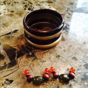 Gold and bronze bangle set with colorful earrings