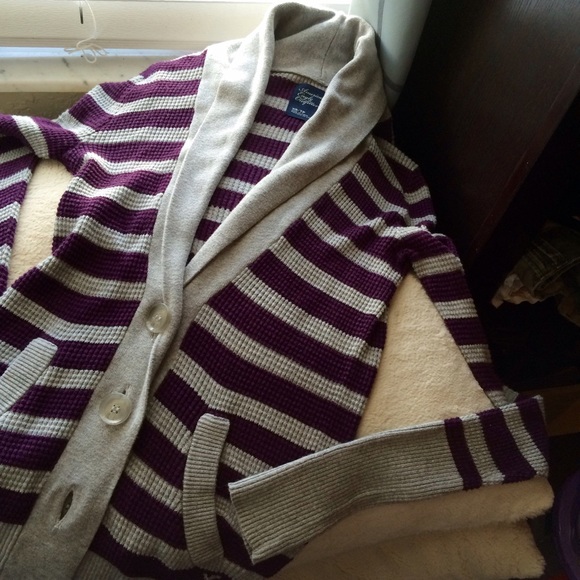 American Eagle Grey & Dark Purple Striped Cardgan