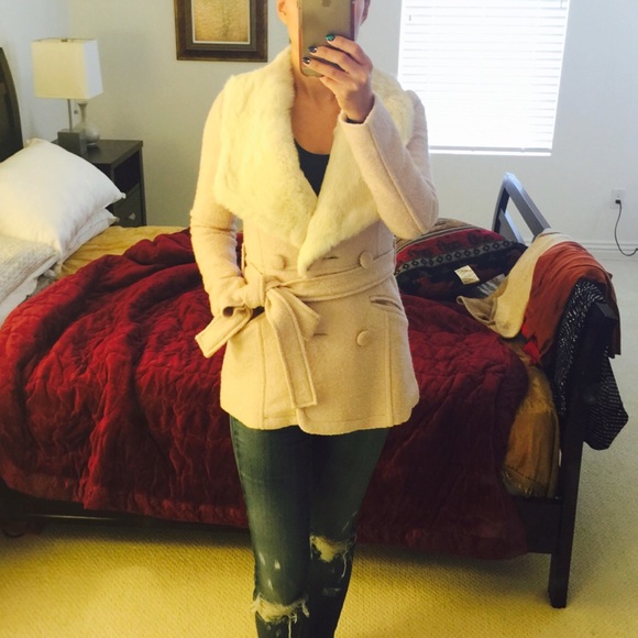 🎉Sale,Blush pink wool coat with rabbit fur derail