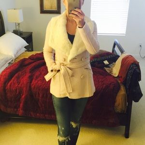 🎉Sale,Blush pink wool coat with rabbit fur derail