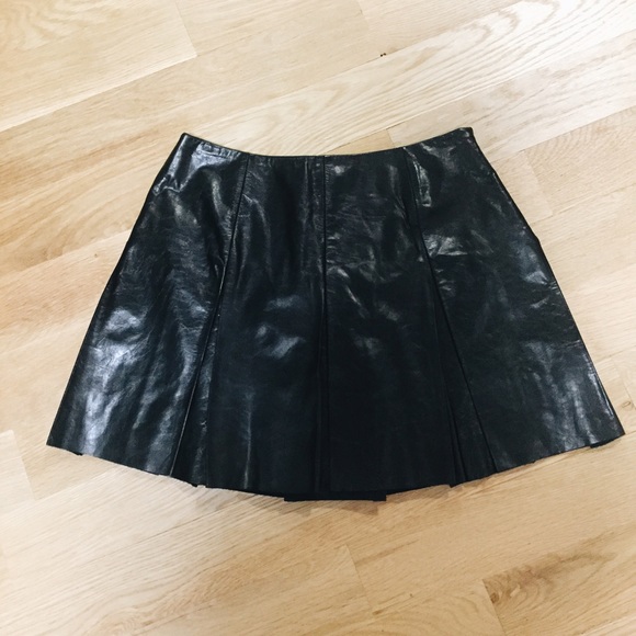 Real Black Leather Pleated Skirt