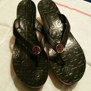BN Tory Burch wedge sandles. Black leather.
