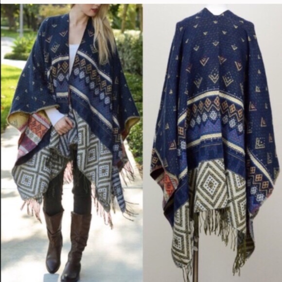 XX The KARA print tassel poncho - NAVY - Picture 2 of 4