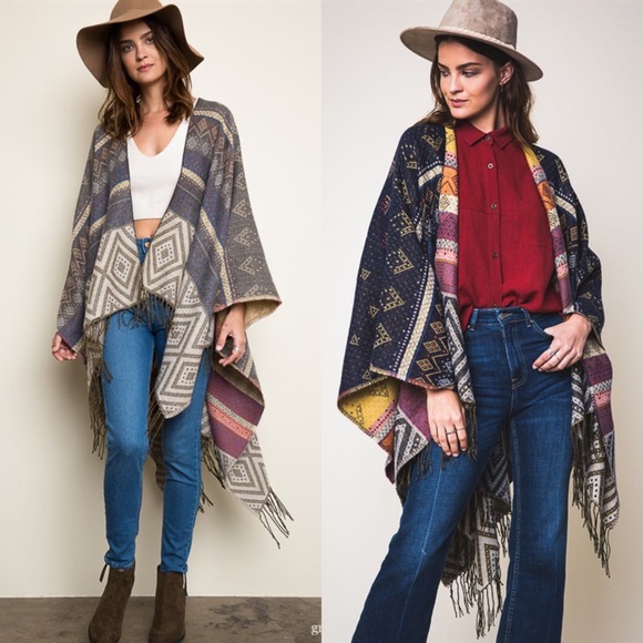 XX The KARA print tassel poncho - NAVY - Picture 4 of 4