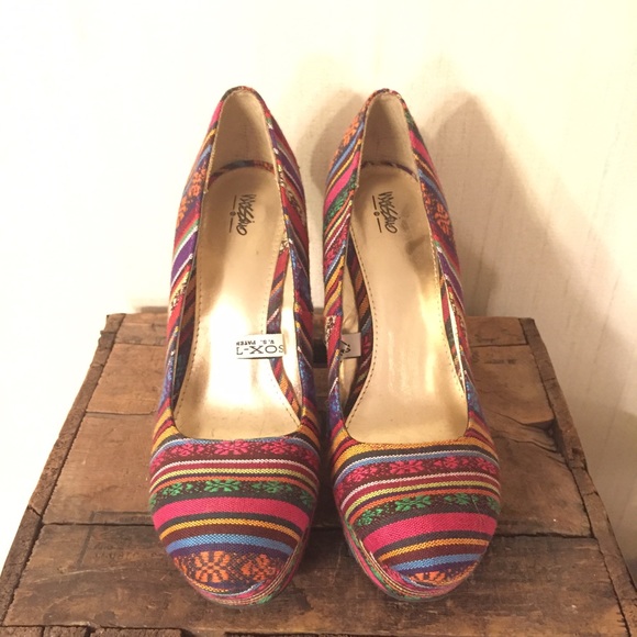 bright tribal print wedges