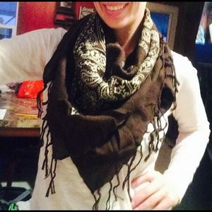 Brown and cream paisley print handkerchief scarf