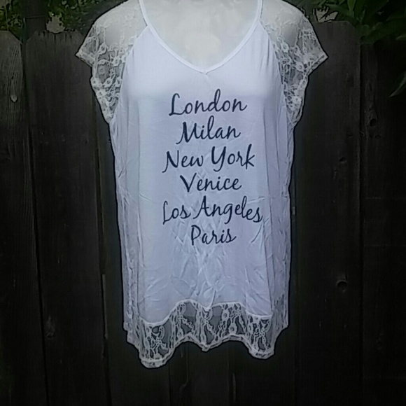 Coco Love Tops - NWT White T-Shirt With Black Lettering & Lace