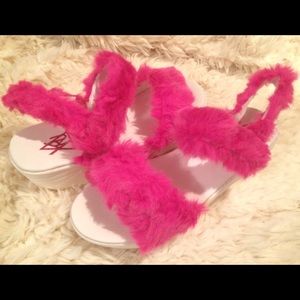 YRU pink fuzzy platform sandals
