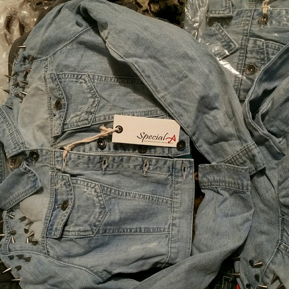 Mid length Denim Jacket with Spikes on shoulder