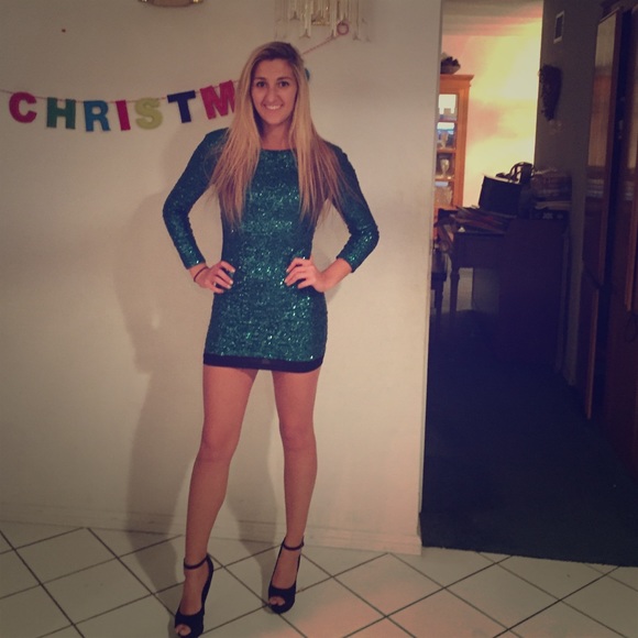 Green sequined mini holiday dress