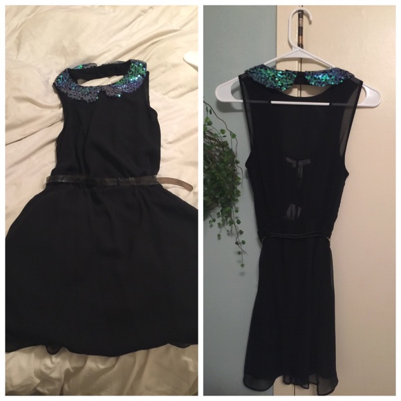 bCBG black sheer back sequin collar dress