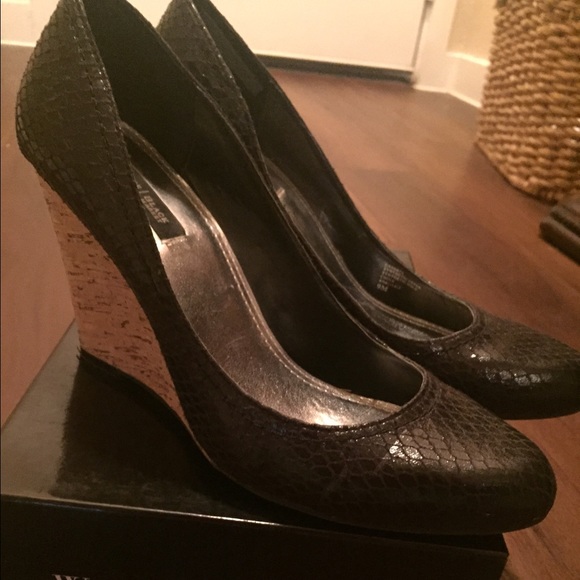 White House black market cork wedges in black.