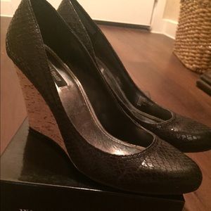 White House black market cork wedges in black.