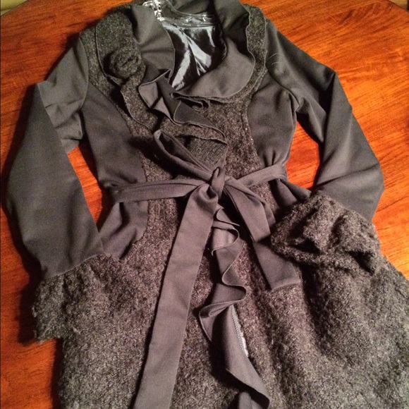Gray cotton and boiled wool ruffle coat, Sz Med - Picture 1 of 4