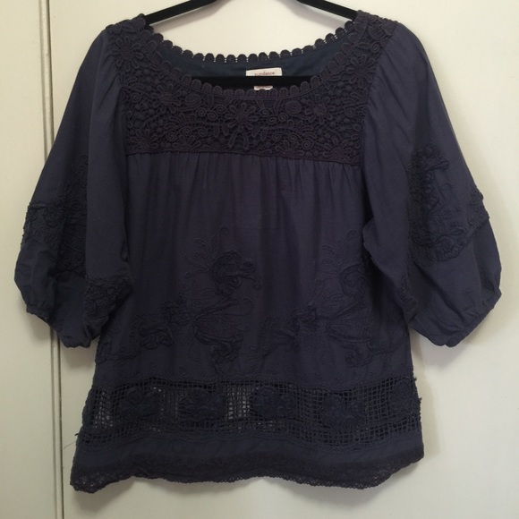 Sundance Catalog Embellished Blue Cotton Top