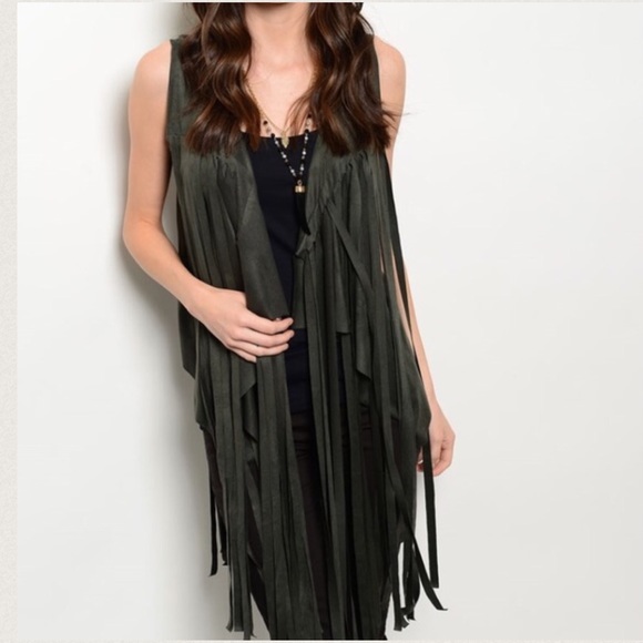 Faith & Sparkle Jackets & Blazers - $FIRM$ Olive Faux Suede Fringe Vest