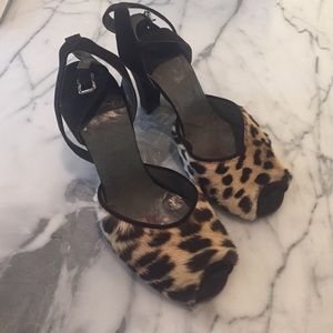 Vintage leopard fur heels open toe shoe brown