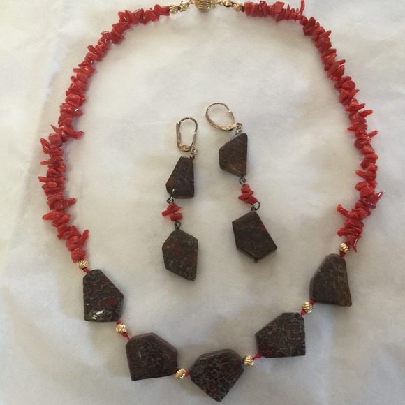 ANCIENT DINOSAUR BEADS & RED MEDITERRANEAN CORAL HANDMADE NECKLACE 14k ACCENTS