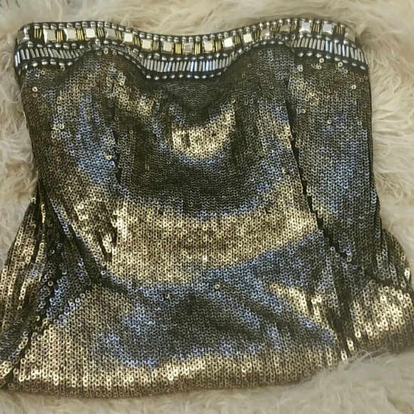 Metallic bebe strapless dress