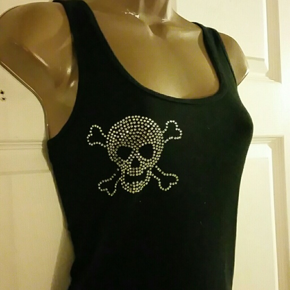 Rhinestone studded skull n cross bones tank L