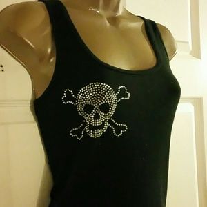 Rhinestone studded skull n cross bones tank L