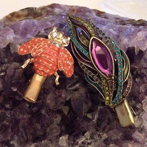 Anthropologie hair clips: peacock and bee