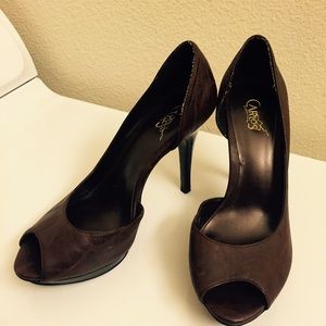 Brown faux leather peek toe heels