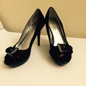 Dark brown GUESS faux suede/leather peep toe heel