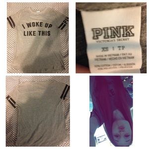 Pink varsity shirt. (I woke up like this).