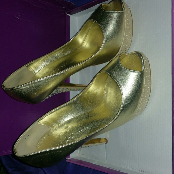 Peep toe gold heels with rhinestones