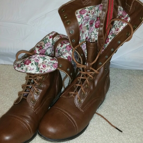 Brown floral combat boots