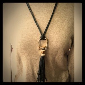 Black pleather and gold tassel necklace