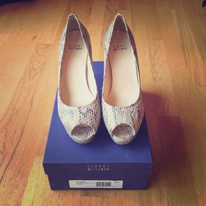 Stuart Weitzman embossed snakeskin peep toe pumps