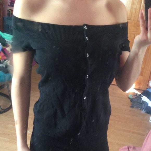 Short sleeve button down black top off the shoulde