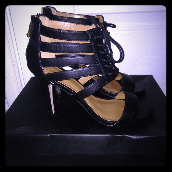 TRADED Black Open-Toe Heels