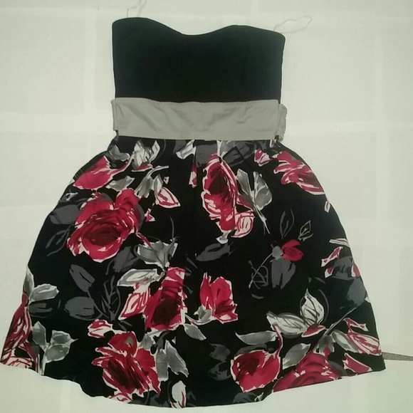 Strapless Black Floral Dress