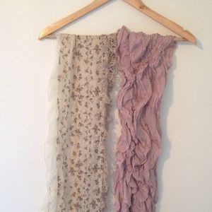 2 scarves, beige and floral, and pink and ruffled