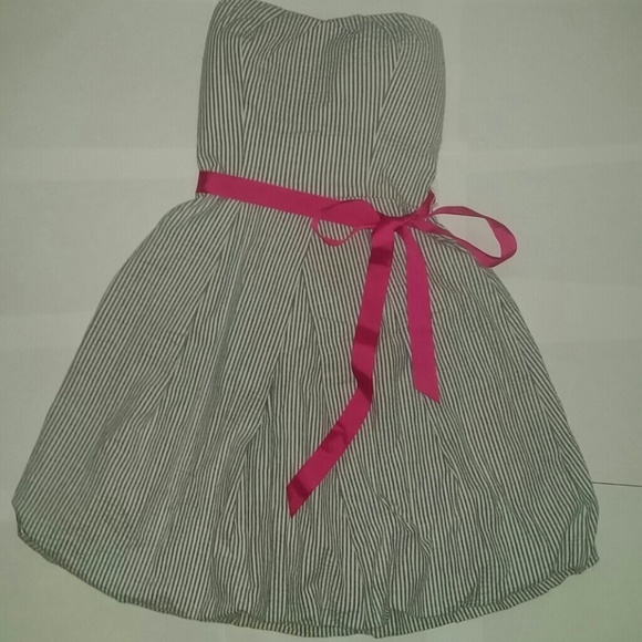 Grey and White Strips, Strapless Dress.