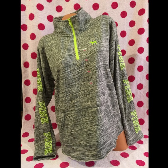 VS PINK Half Zip Sweatshirt Marled Gray W/ Neon
