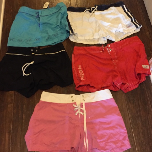 A variety of  swim suit shorts.